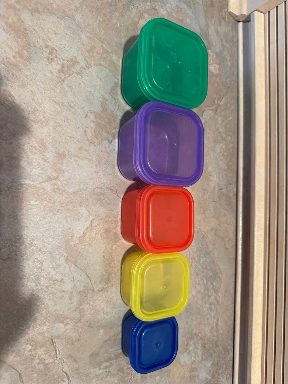 Colorful Stackable Plastic Snack Containers - Green, Purple, Red, Yellow, Blue